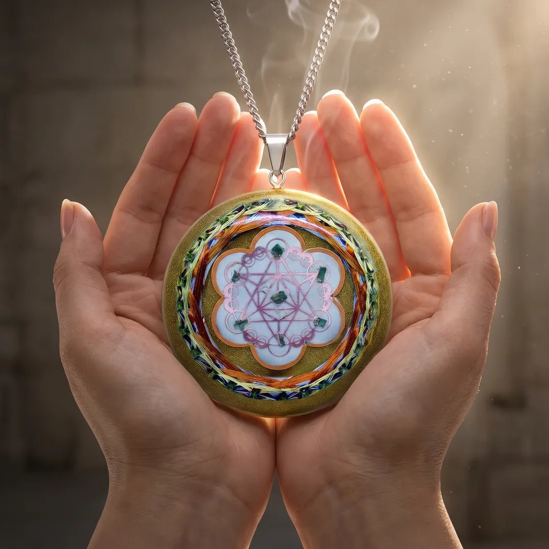 Collar Orgón Resonador Cuántico con Moldavita Certificada — Activación del ADN del Alma + Campo Merkaba + Cuarzo Citrino + Doble Bobina Biomagnética | Agrograma Crop Circle | Arcángel Metatrón | Hecho a Mano - Metayantra México