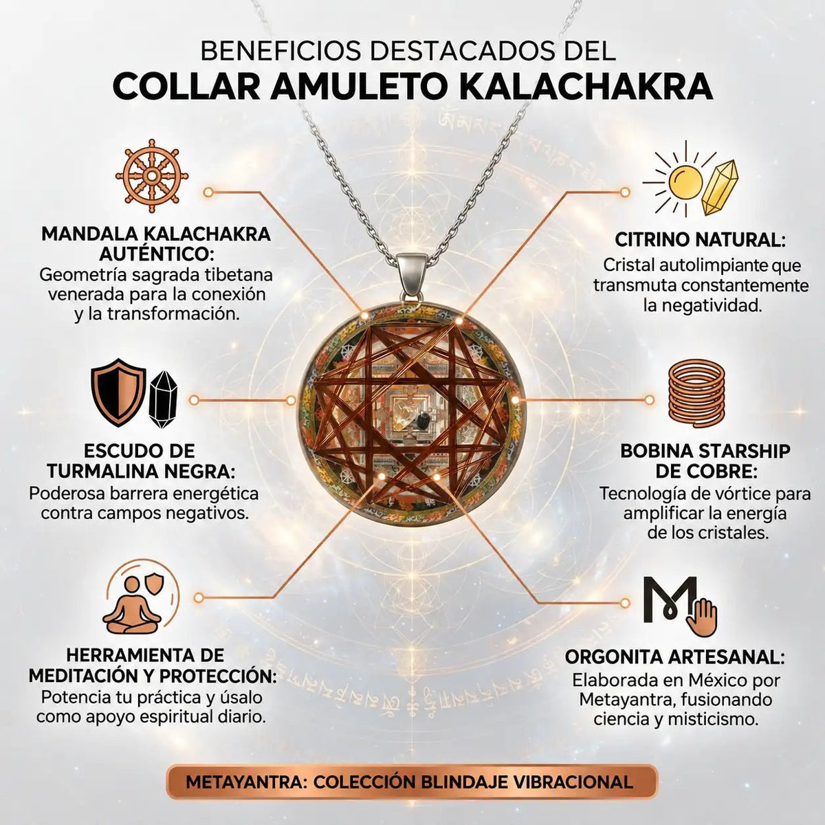 Amuleto Protector Kalachakra Hecho a Mano — Citrino Natural + Turmalina Negra + Bobina Biomagnética de Cobre | Escudo Energético contra Brujería, Mal de Ojo y Envidias | Mandala Budista Tibetano - Metayantra México