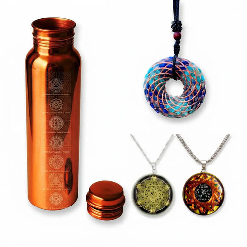 Código de Abundancia · Expansión Financiera · 4 Dispositivos | Collar iTorus + Collar Vector de Equilibrio Dorado + Amuleto Talismán Sol Rey Salomón 7 Metales Oro + Botella Cobre | Prosperidad · Riqueza · Hecho a Mano México - Metayantra México