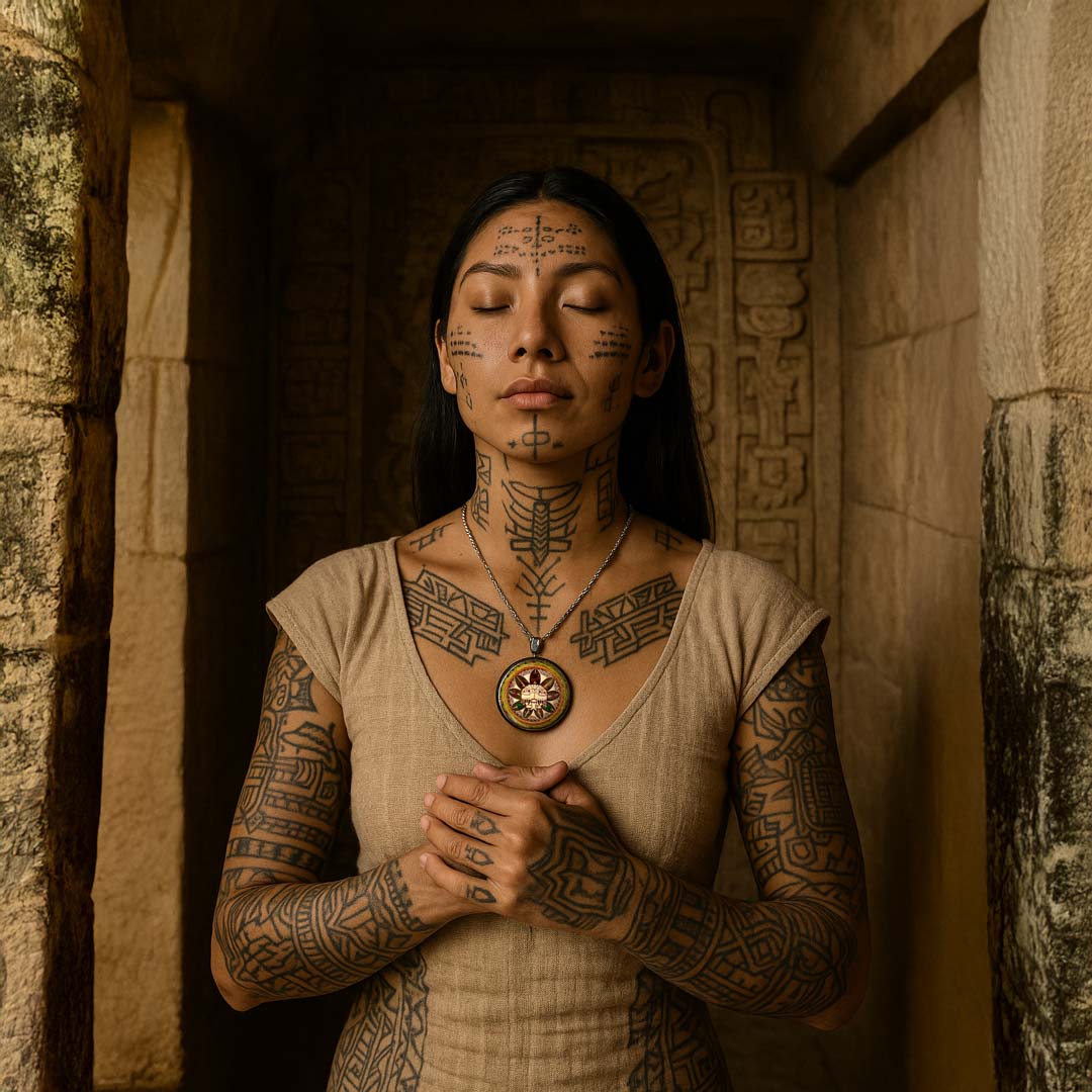 Collar de orgonita Quetzalcóatl en mano para apreciar su escala real