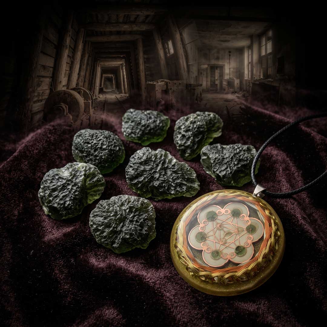 Collar Orgón Resonador Cuántico con Moldavita Certificada — Activación del ADN del Alma + Campo Merkaba + Cuarzo Citrino + Doble Bobina Biomagnética | Agrograma Crop Circle | Arcángel Metatrón | Hecho a Mano - Metayantra México