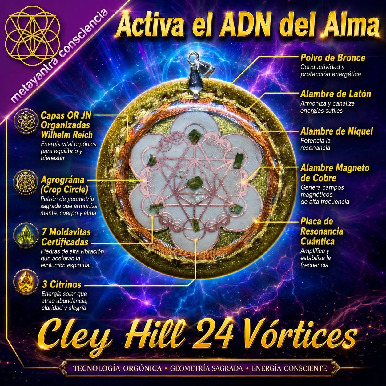 Collar Orgón Resonador Cuántico con Moldavita Certificada — Activación del ADN del Alma + Campo Merkaba + Cuarzo Citrino + Doble Bobina Biomagnética | Agrograma Crop Circle | Arcángel Metatrón | Hecho a Mano - Metayantra México