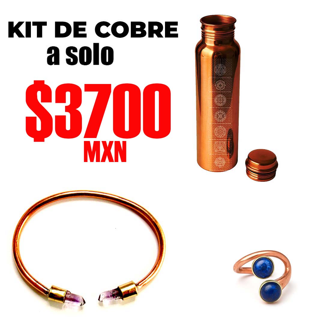 Kit de cobre Metayantra: botella de 950 ml, anillo con lapislázuli y pulsera con amatista