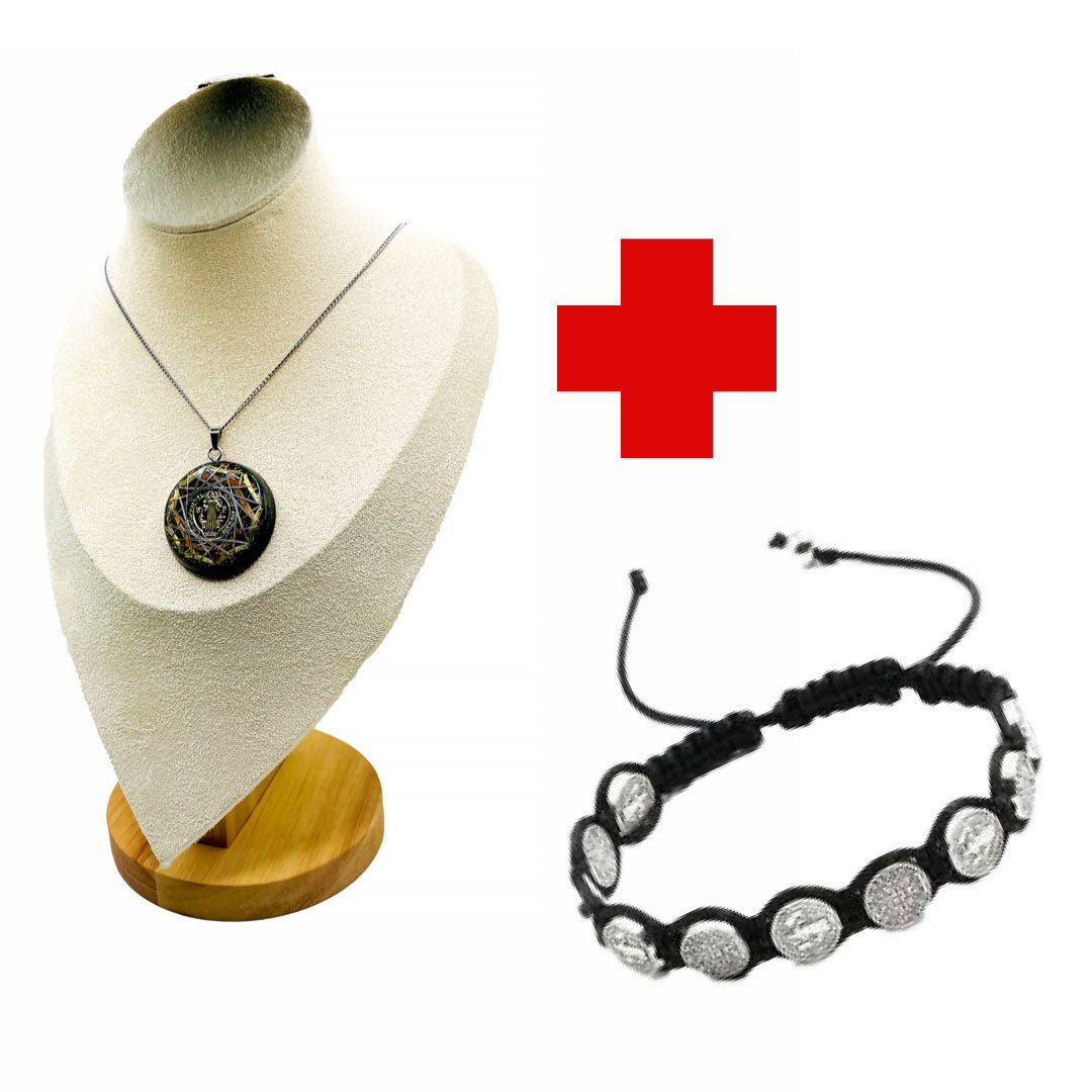 Kit de ProtecciÇün EnergǸtica y Abundancia: Collar EnergǸtico de Orgonita y Pulsera de Zinc con Medalla de San Benito - Metayantra MǸxico